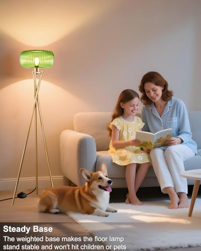Lightdot Glass Tripod Floor Lamp for Living Room, Modern Gold Standing Lamp with Green Ribbed Glass Lampshade, Arc Tall Lamp for Bedroom Office Reading Room/Sofa Beside/Corner Decor (Bulb Included) - Image 4