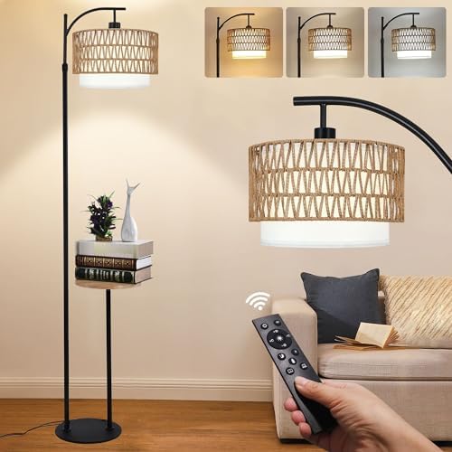 ZECOXOL Arc Floor Lamp with Table and Shelves,Rattan Boho Floor Lamp with Remote Control,Rustic Floor Lamps for Bedroom Wicker Standing Lamp with 3 Color Temperature Tall Lamp for Living Room Corner by ZECOXOL