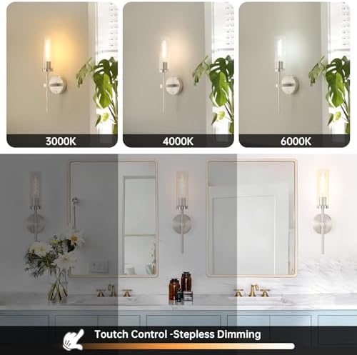 Shenmoyl Battery Operated Wall Sconces Set of 2, Nickel Rechargeable Wall Lighting Fixtures, Dimmable Wall Lights with Remote & Clear Glass Shade for Living Room, Bathroom,Bedroom - Image 3