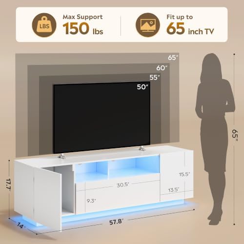 WLIVE LED TV Stand for 55/60/65 Inch TVs, Modern Entertainment Center with Storage Cabinets and Drawer, Gaming Media TV Console with RGB Lights for Living Room，Bedroom, White - Image 2