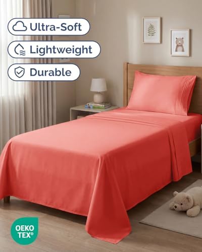 Twin Size 3 Piece Sheet Set - Comfy Breathable & Cooling Sheets - Coral - Image 2