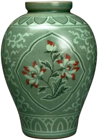 Korean Celadon Glaze Semi-Round Inlaid Copper Paint Lotus Flower Inlay Design Green Decorative Porcelain Ceramic Pottery Home Decor Accent Vase by AntiqueAlive