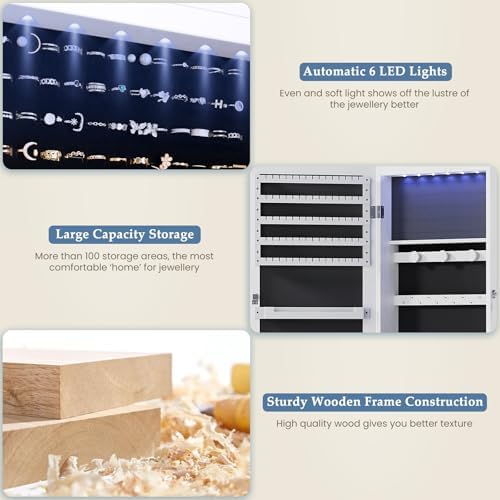 DUMOS 6 LEDs Mirror Jewelry Cabinet, Wall or Door Mounted Jewelry Organizer, 47.2-Inch Tall Lockable Large Capacity Cosmetic Storage, Gift Idea, White - Image 4