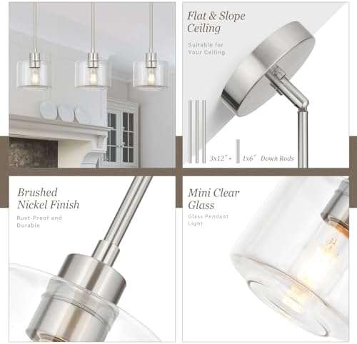 Brushed Nickel Pendant Lights Kitchen Island, 1-Light Modern Clear Glass Hanging Light Fixtures with Rods, Mini Kitchen Pendant Lighting Over Island for Sink Bathroom, OS-YQ8153-1PBNC - Image 2