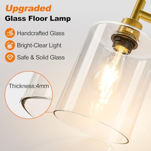 【Upgraded】 Dimmable Floor Lamp for Living Room with Clear Glass Lampshade, Gold Modern Glass Floor Lamp with 900LM LED Bulb Included, Arc Standing Tall Lamp for Bedroom, Office, Reading Room, Corner - Image 6