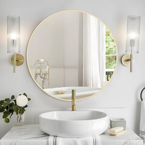 WallBeyond 28 inch Round Mirror Gold Large Circle Wall Mirror for Bathroom with Metal Framed, Round Wall Mirror for Wall Decor, Vanity, Entryway Living Room - Image 2