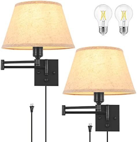 TRLIFE Dimmable Wall Sconce Plug in, Wall Sconces Set of Two Swing Arm Wall Lights with Plug in Cord and On/Off Dimmer Rotary Switch, 11.8" Large Beige Fabric Shade(2 Pack, 2 Bulbs Included) by TRLIFE