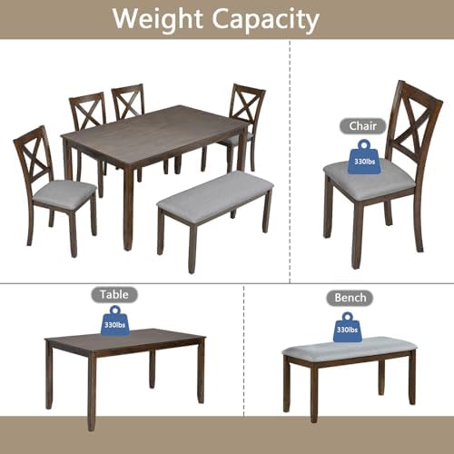Harper & Bright Designs 6-Piece Dining Table Set with 4 Upholstered Chairs & Bench, 58.5" Rectangular Solid Wood Frame Table, Dining Table Set for 6 People, Living Room, Home Bar and Kitchen,Walnut - Image 6