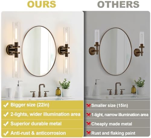 Indoi Wall Sconces Set of Two, Hardwired Brown Bathroom Sconces Wall Lighting with Clear Glass, Modern Sconces Wall Decor Set of 2 Bathroom Light fixtures for Mirror Hallway (Bulbs Not Included) - Image 2