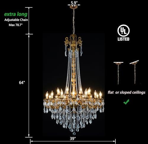 24-Light Antique Gold Crystal Chandelier, Extra Large Luxury Candle Chandelier Lighting Fixture for High Ceiling Foyer, Grand Entryway Living Room, Oversized D39 H64 - Image 4