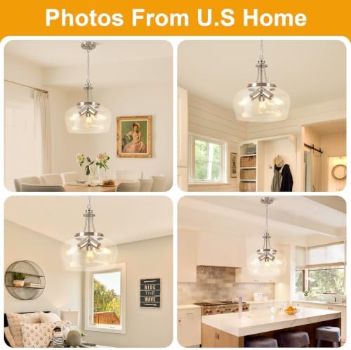 Modern Pendant Lights Kitchen Island, 3-Light Brushed Nickel Pendant Light Fixtures with 14.2" Clear Glass Shade,Industrial Hanging Pendant Lights Fixture for Kitchen Island Dining Room Entryway Foyer - Image 3