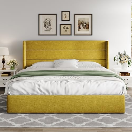 Allewie King Size Lift Up Hydraulic Storage Bed Frame Olive Yellow - Image 7