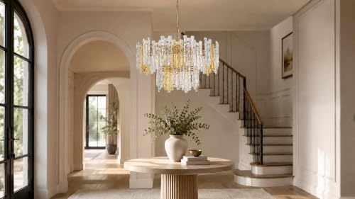 26" 7-Light Modern Art Ice Stick Crystal Chandelier, 2-Tier Round Gold Farmhouse Amber & Clear Glass Pendant Light Fixture, Perfect for Living Room, Dining Room, Entryways - Image 4