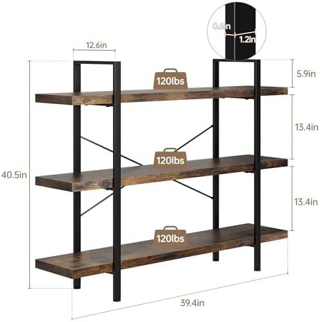 Heavy Duty 3 Tier Industrial Bookcase for Home Office, Rustic Brown - Image 2
