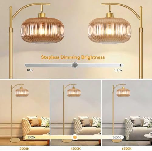 Glass Floor Lamp for Living Room, Bedroom, Gold Tall Lamp with Amber Shape - Image 3