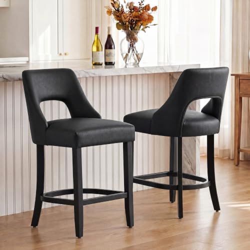 UVV Bar Stools Set of 2, Modern Upholstered Counter Height Bar Stools, Faux Leather Counter Stools BarStools with Wood Legs for Kitchen Island Dining Room Bar, Black - Image 4