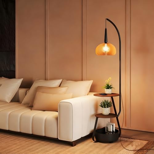 Bofea-Modern Arc Floor Lamp with Table & Shelves,Vintage Floor Lamps for Living Room,Mid Century Tall Standing Lamp with Walnut Shade,Adjustment Height Corner Lights for Bedroom Study Office by BOFEA