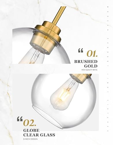 Gold Pendant Lights Kitchen Island, 8" Pendant Light Fixtures with Globe Clear Glass Shade, Modern Kitchen Island Lighting for Bathroom, AD-22280-1PL-GD - Image 2
