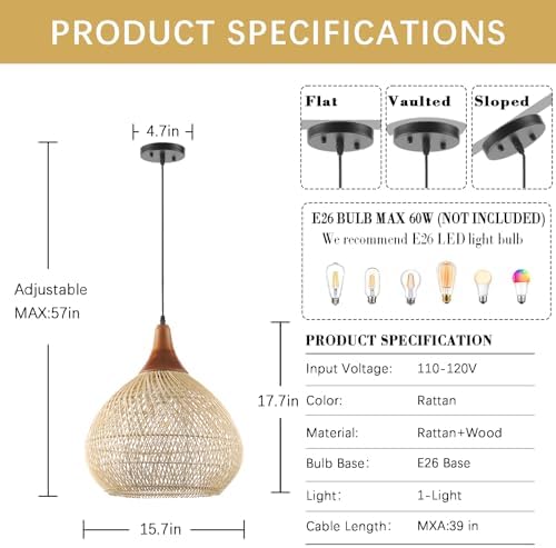 Rattan Pendant Light, 15.7" Rattan Chandelier Hand-Woven Boho Pendant Light Fixtures with Solid Wood, Basket Wicker Chandelier for Dining Room Kitchen Island Living Room - Image 3