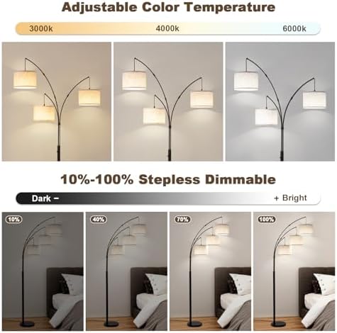 Netin Arc Floor Lamp with Remote, 3 Light Floor Lamp for Living Room Bright Lighting, 3 Color Temperature, Dimmable Tall Standing Lamp, Mid Century Tree Floor Lamp for Bedroom Office - Image 3
