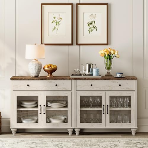 WAMPAT Sideboard Buffet Cabinets with Glass Doors, Kitchen Storage Cabinets, Wooden Coffee Bar Tables with Vintage Gourd Leg, Accent Sideboard Credenza Table for Dining Room, Living Room, Rustic White by WAMPAT