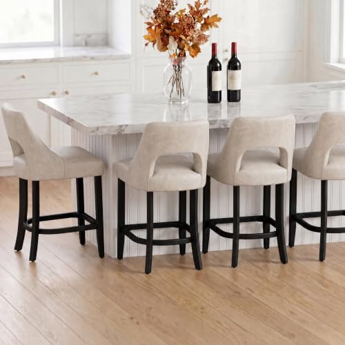 UVV Bar Stools Set of 2, Modern Upholstered Counter Height Bar Stools, Faux Leather Counter Stools BarStools with Wood Legs for Kitchen Island Dining Room Bar, Beige - Image 6