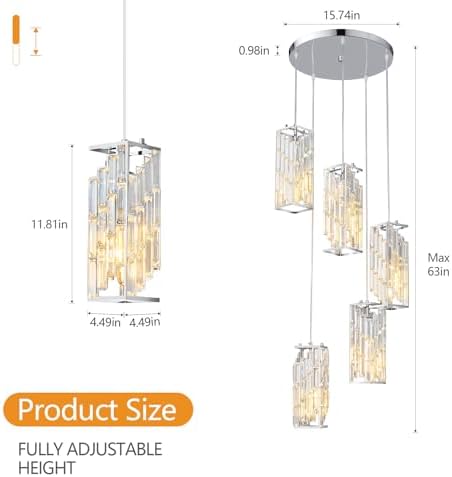 Chrome Pendant Lighting Modern Pendant Light, Mini Crystal Chandeliers,Adjustable Pendant Light Fixture for Kitchen Island Dinning Room Bedroom (5 Light) - Image 5