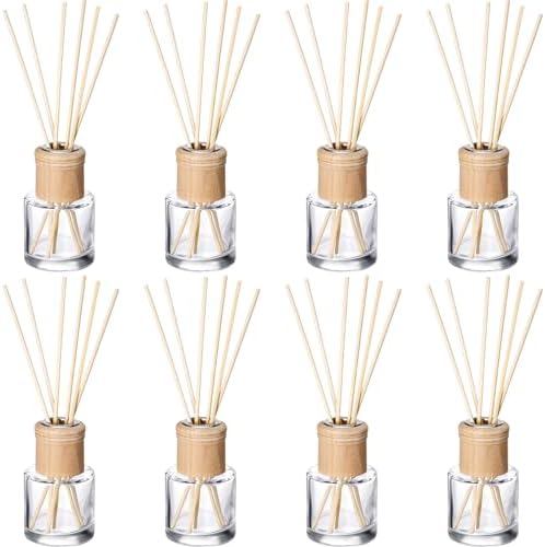 Roshtia 8 Set Reed Diffuser Bottle Empty Refillable Fragrance Glass Diffuser Bottles Set with Wooden Caps Sticks 50ml 1.7 oz Round Glass Jars for DIY Fragrance by Roshtia