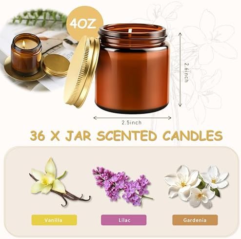 ACITHGL 36 Pcs 4oz Mini Mason Jar Candles Small Scented Candles Bulk Aromatherapy Ideal Souvenir Favors for Wedding Birthday Party (Vanilla, Lilac, Gardenia, Amber) - Image 2