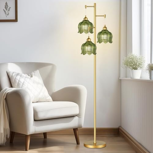 Vintage Floor Lamps for Living Room Bedroom-3 Light Gold Floor Lamp with Glass Lampshape, Flower Green Tall Lamp Mid Century Modern Standing Lamp Tree Floor Lamp for Bedroom Living Room Corner - Image 2