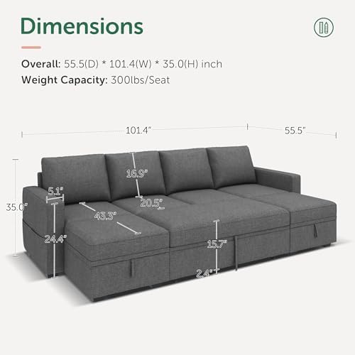 HONBAY Modular Sectional Sleeper Sofa Bed, Sectional Couch with Pull Out Bed U Shaped Modular Couch with Storage Ottoman for Living Room, Dark Grey - Image 2