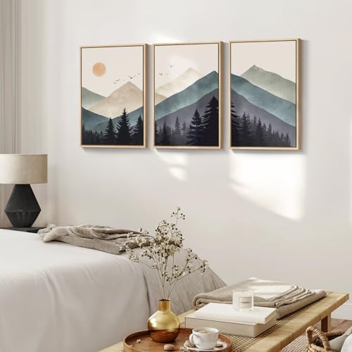 Framed Boho Mountain Forest Landscape Wall Art for Living Room, 16x24 Inch - Image 4