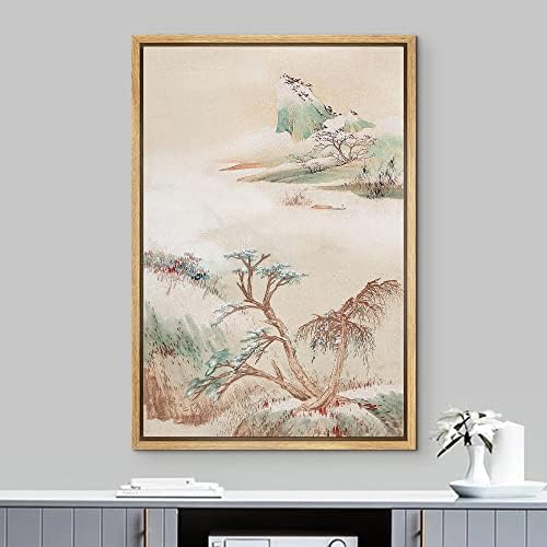 NWT Framed Canvas Print Wall Art Watercolor Retro Pastel Forest Nature Wilderness Illustrations Modern Art Decorative Landscape Rustic Zen Colorful for Living Room, Bedroom, Office - 24"x36" Natural - Image 2