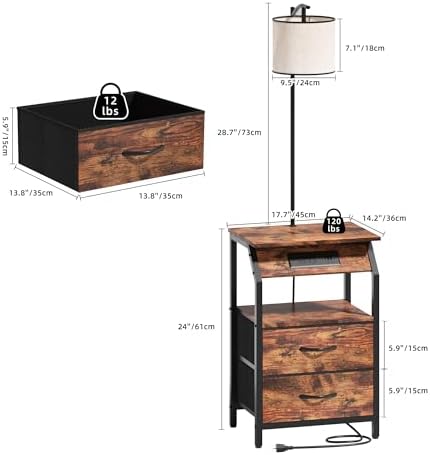 End Table with Floor Lamp, Nightstand with Charging Station, Floor Lamp Table with 3-Color Temperature Bulb, Bedside Table Night Stand with 2 Drawers for Bedroom, Living Room, Brown - Image 2
