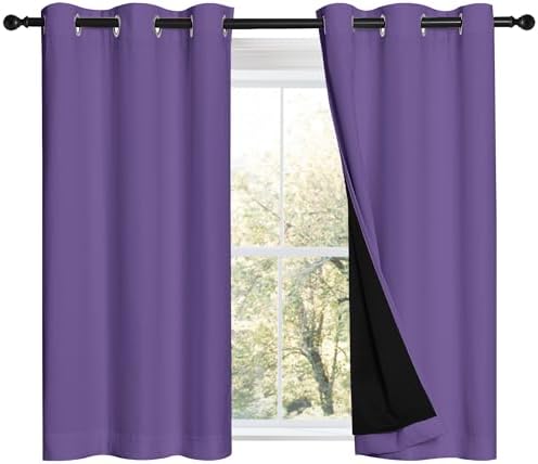 NICETOWN 100% Blackout Short Curtains with Black Liners, 2 Panels, 37"W by 40"L, Lilac Purple, Solid Thermal Insulated Full Blackout 2-Layer Lined Drapes, Energy Efficiency Window Drapes for Bedroom by NICETOWN