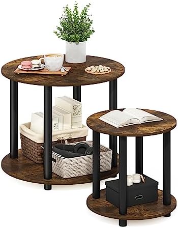 Furinno Turn-N-Tube Toolless 2-Tier Round Coffee Table, Amber Pine - Image 6