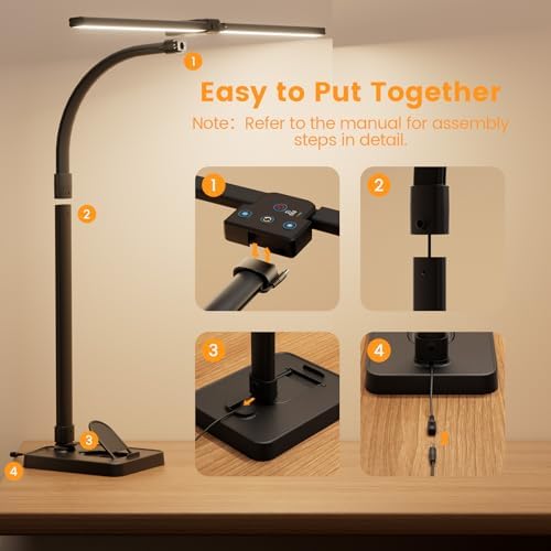 LED Desk Lamp with Base - Bright Dimmable Computer Lamp with Phone Holder, 24W Bendable Desk Light for Monitor Screen, Eye-Caring Tall Desktop Light for Task Home Office Work, Black, Dual Head - Image 2