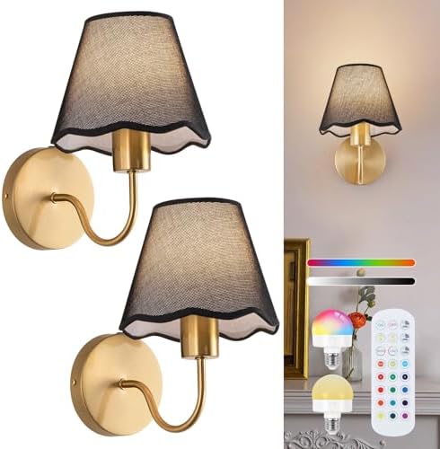 ADISUN Battery Operated Wall Sconce Set of 2, Gold Wall Lamps Rechargeable Bulbs for Living Room, Black Rattan Shade, Wireless Wall Lights for Bedroom Living Room Hallway Kitchen(2 Bulbs Included) by ADISUN