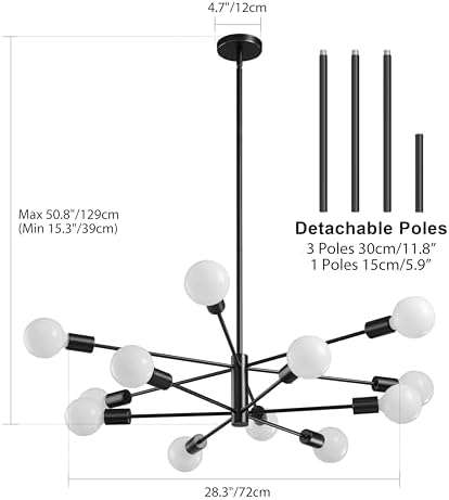 RUIYEY Modern Sputnik Chandeliers Light, 12-Light Black Chandeliers for Dining Room, E26 Height Adjustable Chandelier Ceiling Lighting Fixture for Farmhouse Kitchen Island Living Room Foyer - Image 2