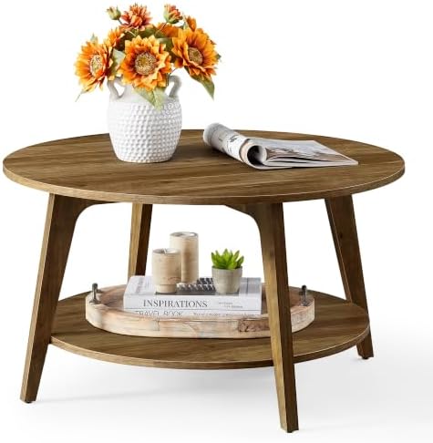 VASAGLE Round Coffee Table, 2-Tier Center Table with Storage, Tapered Legs by VASAGLEbySONGMICSHOME