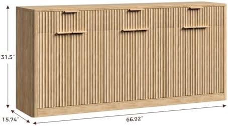Evermagin 67" Fluted Oak Sideboard Buffet Cabinet with 3 Drawers - Image 2