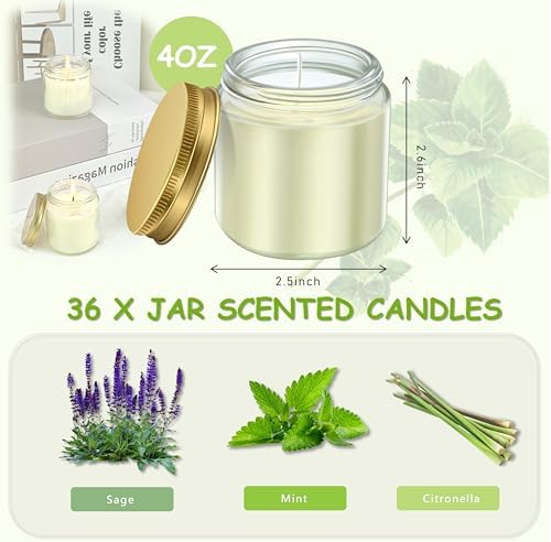 ACITHGL 36 Pcs 4oz Mini Mason Jar Candles Small Scented Candles Bulk Aromatherapy Ideal Souvenir Favors for Wedding Birthday Party (Sage, Mint, Citronella, Gold) - Image 2