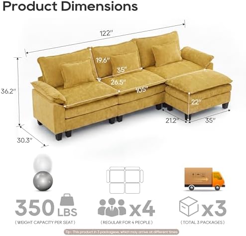 URRED Oversized Modular Sectional Sofa，Yellow：122" L Shaped - Image 2