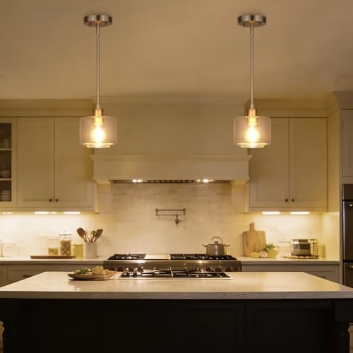 Brushed Nickel Pendant Lights Kitchen Island 2 Pack, Modern Clear Glass Hanging Light Fixtures with Rods, Mini Kitchen Pendant Lighting Over Island for Sink Bathroom, OS-YQ8153-2PBNC - Image 6