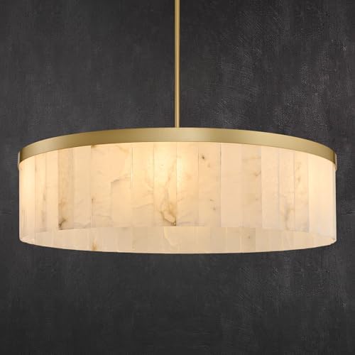 42" Round Alabaster Chandelier, Modern Gold Marble Light Fixture by HONIEGG
