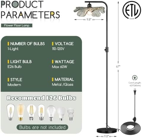 Vintage Floor Lamp Dimmable Floor Lamps for Living Room, Farmhouse Standing Lamp Black Tall Lamps with Dark Green Glass Shade, Flower Floor Light for Bedroom Corner Study Office - Image 4