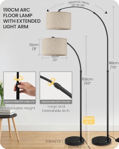 75" Tall Dimmable Arc Floor Lamp with Marble Base, Adjustable Height, Beige - Image 3