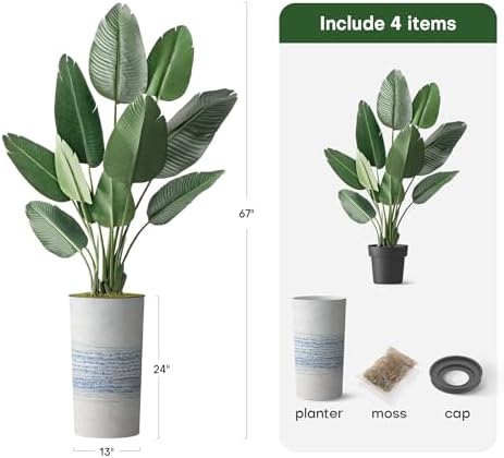 Artificial Tree in Blue Gray Industrial Line Pattern Planter, Fake Bird of Paradise Silk Tree for Indoor and Outdoor Home Decoration - 67" Overall Tall (Plant Pot Plus Tree) - Image 3