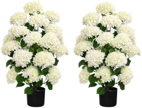 Set of 2 Artificial Hydrangea Trees:32 Inch Faux Flower Plant(White) by TNGGNT