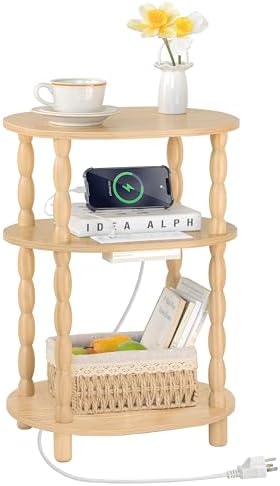 MaxSmeo End Table with Charging Station, Small Oval Side Table for Small Spaces, Modern Accent Table Night Stand with Charging Station for Living Room, Bedroom, Natural by MaxSmeo